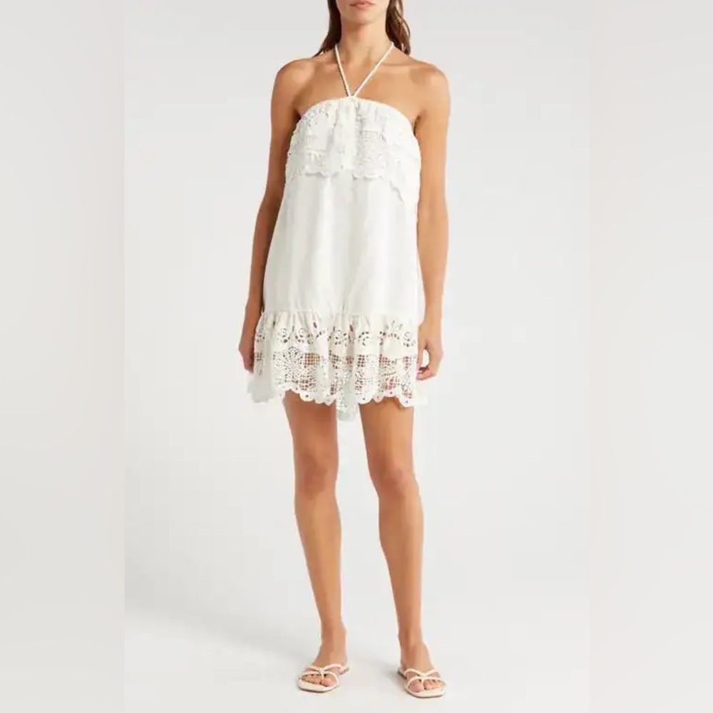 Farm Rio White Eyelet Linen Blend Mini Dress NWT Size M Resort Vacation Bridal